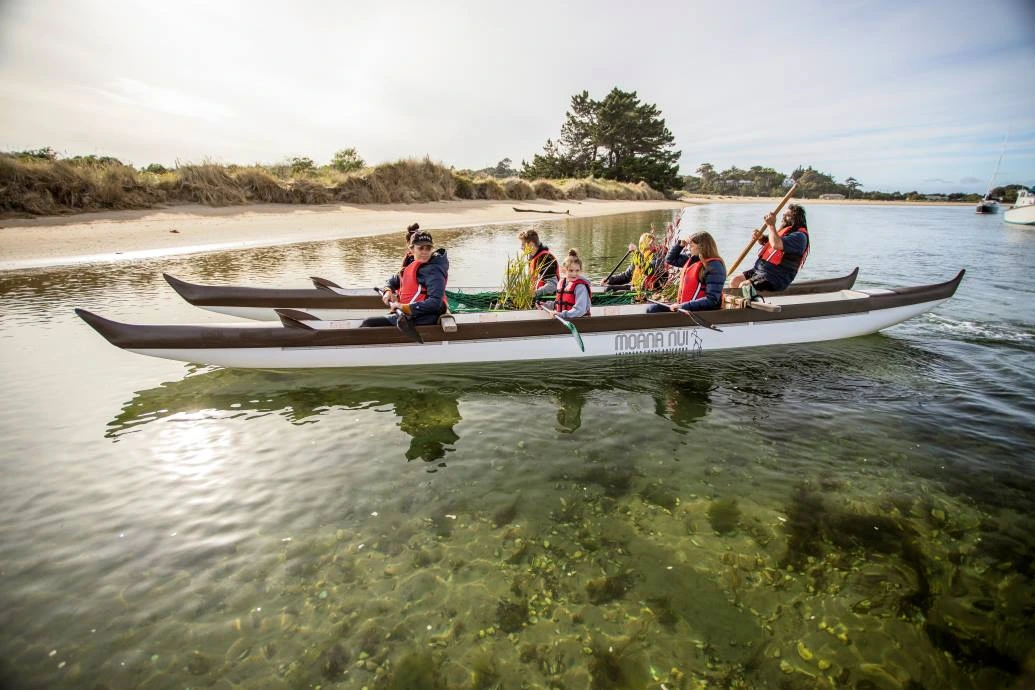 People in Iife jackets ride a double-hulled waka in shallow water towards the beach.