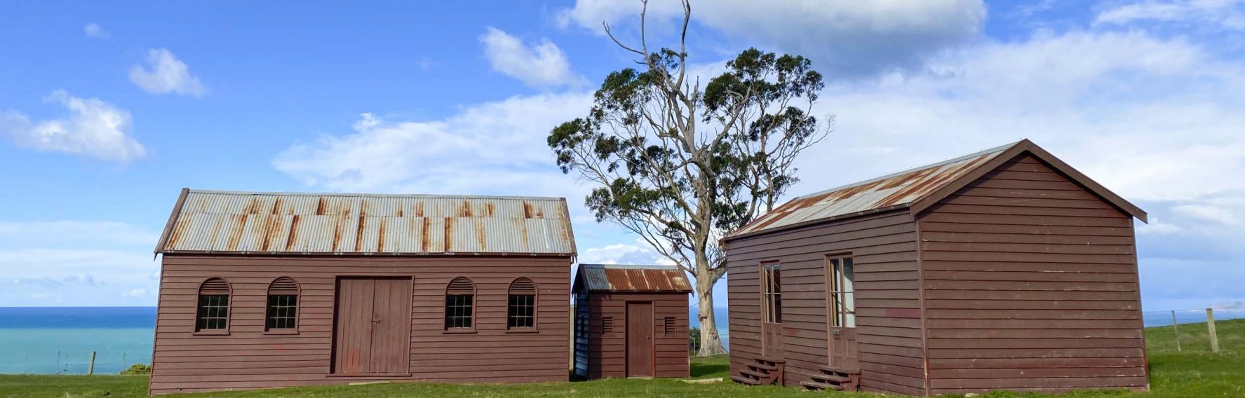 The red timber farm buildings of Matanaka Farm.