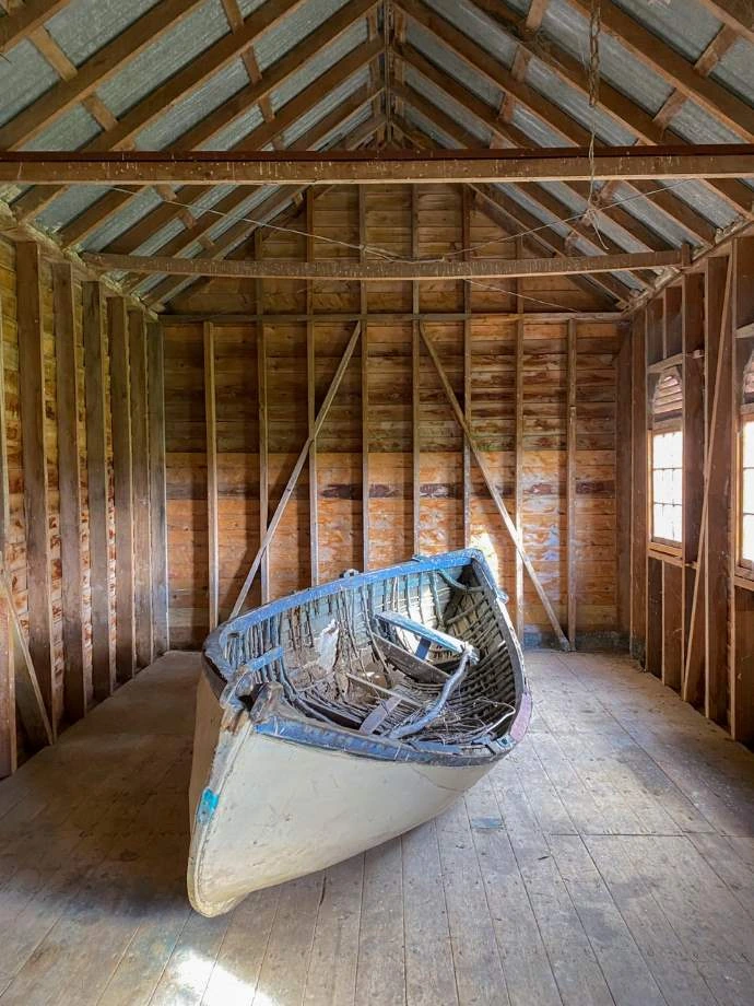 The boat inside one of the buildings at Matanaka Farm.