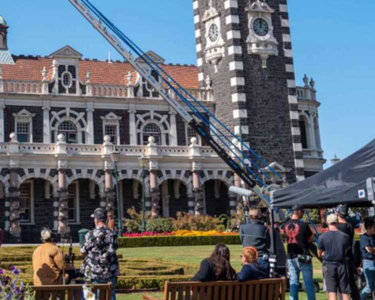 Film crew outside Dunedin Railway Station